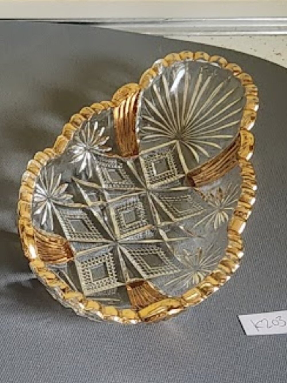 Vintage Early American Pressed Glass Dish with Gold Rim - "Blazing Pinwheels" -